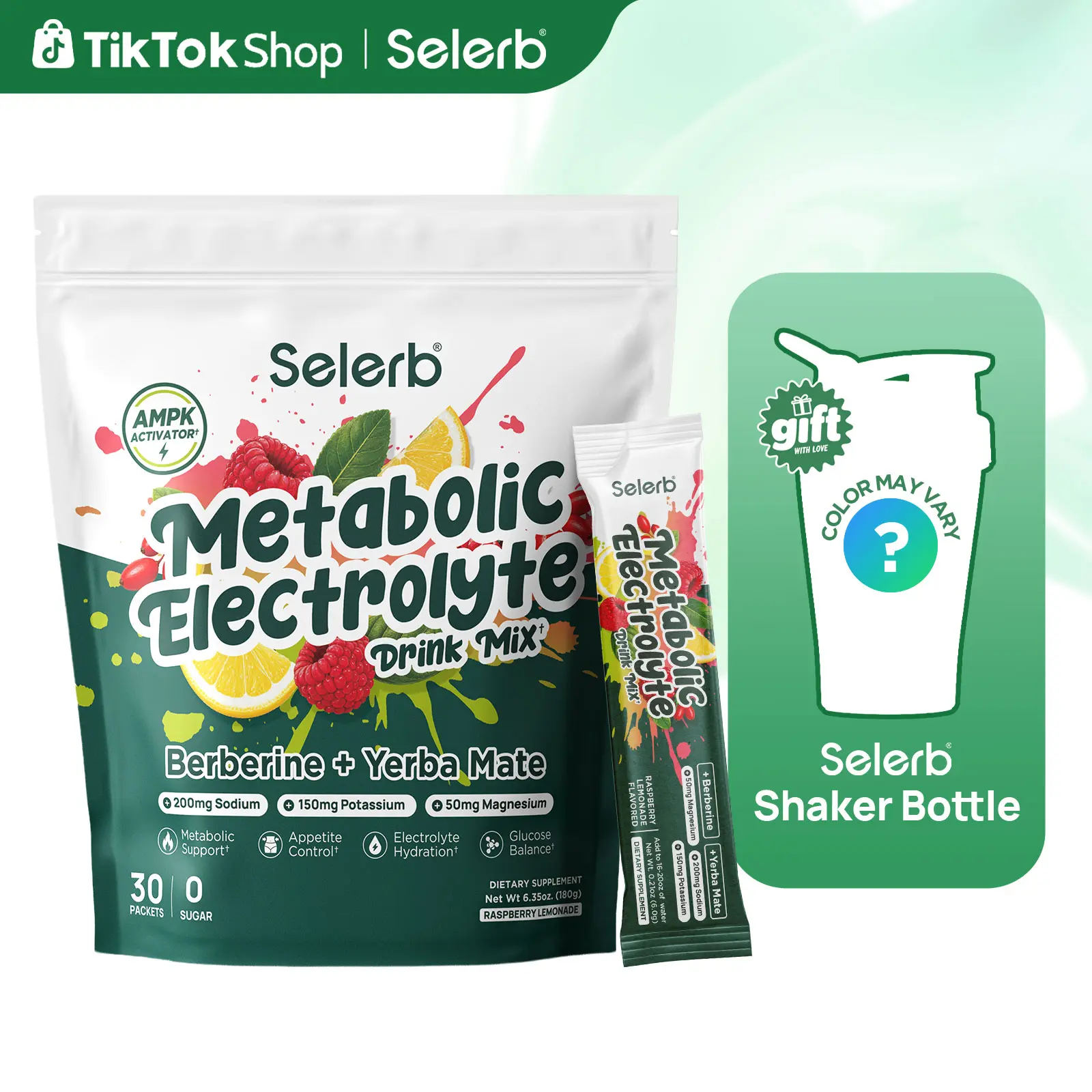 Selerb Metabolic Electrolyte Drink Mix + Shaker Bottle, Daily Support Suger Free with Berberine,Yerba Mate, Green Tea, Cinnamon, ACV, Ashwagandha, Bitter Melon, Inulin-30 Packets Raspberry Lemonade Flavor