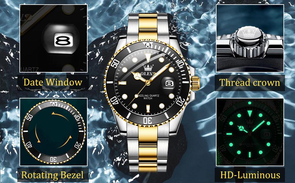 OLEVS Men's Stainless Steel Chronograph Watch, Large Face Gold Blue Silver Black Tone Easy-to-Read Analog Quartz Watch