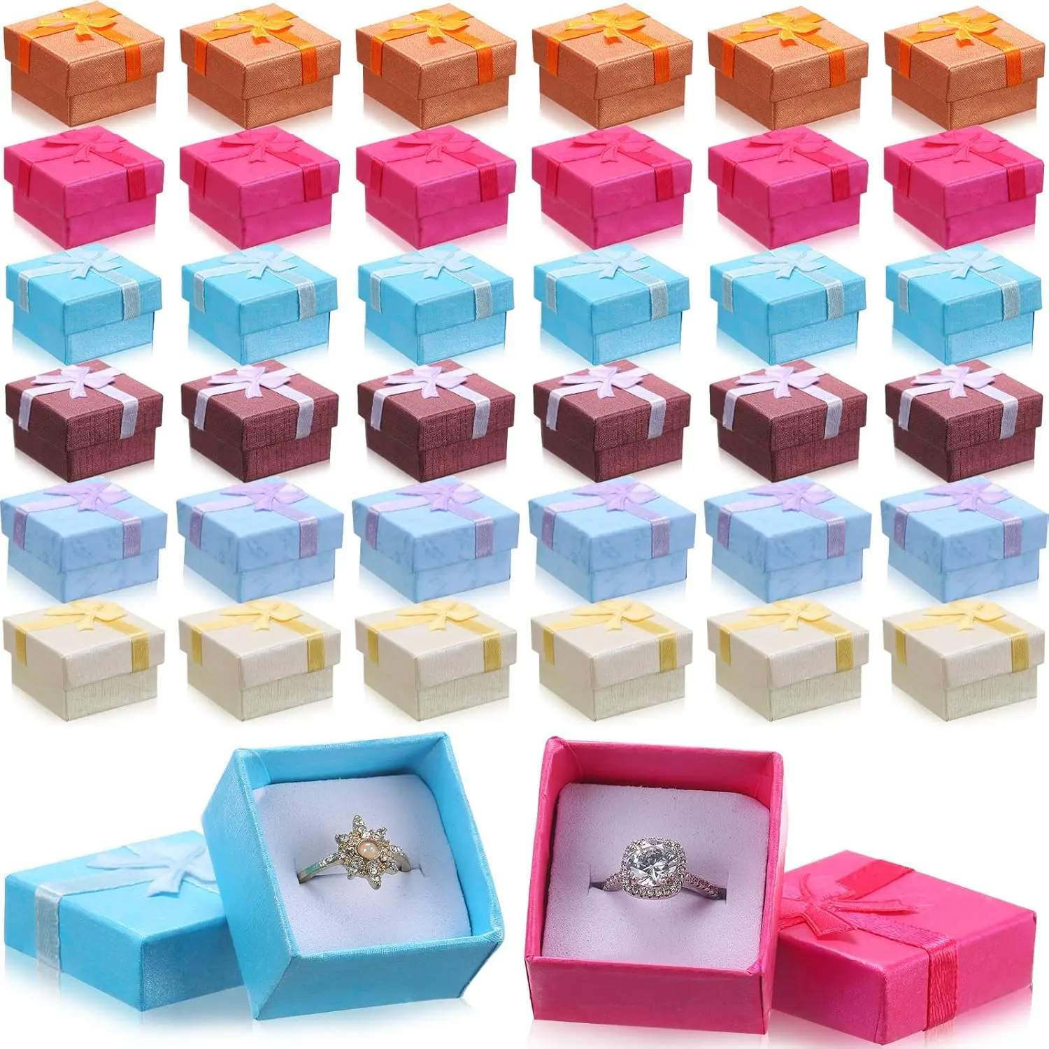 72 count Ring Boxes 1.6 x 1.6 In Hard Cardboard  Box with Ribbon Bow Small   Cases for Small Business(Elegant Color)
