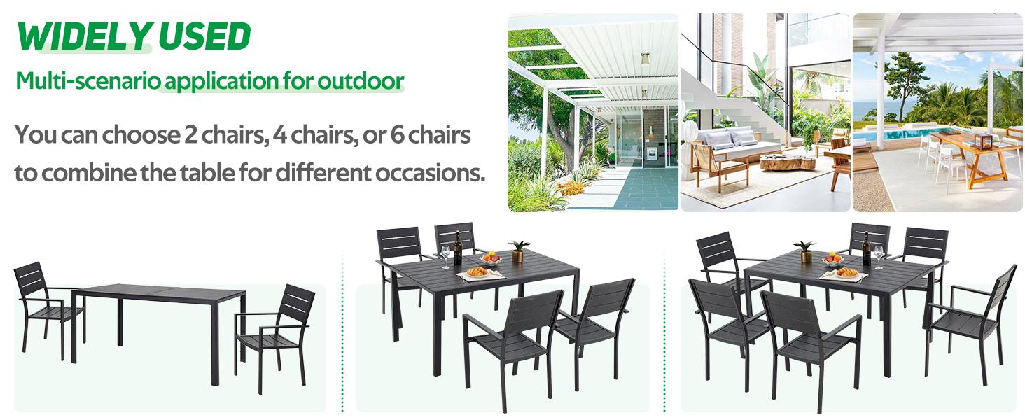 AECOJOY 7 Piece Outdoor Dining Set, 60" x 36" Aluminum Frame, Wood-Plastic Tabletop, 150 lbs Capacity, Adjustable Feet Pad, Spacious Design Metal Patio Kit