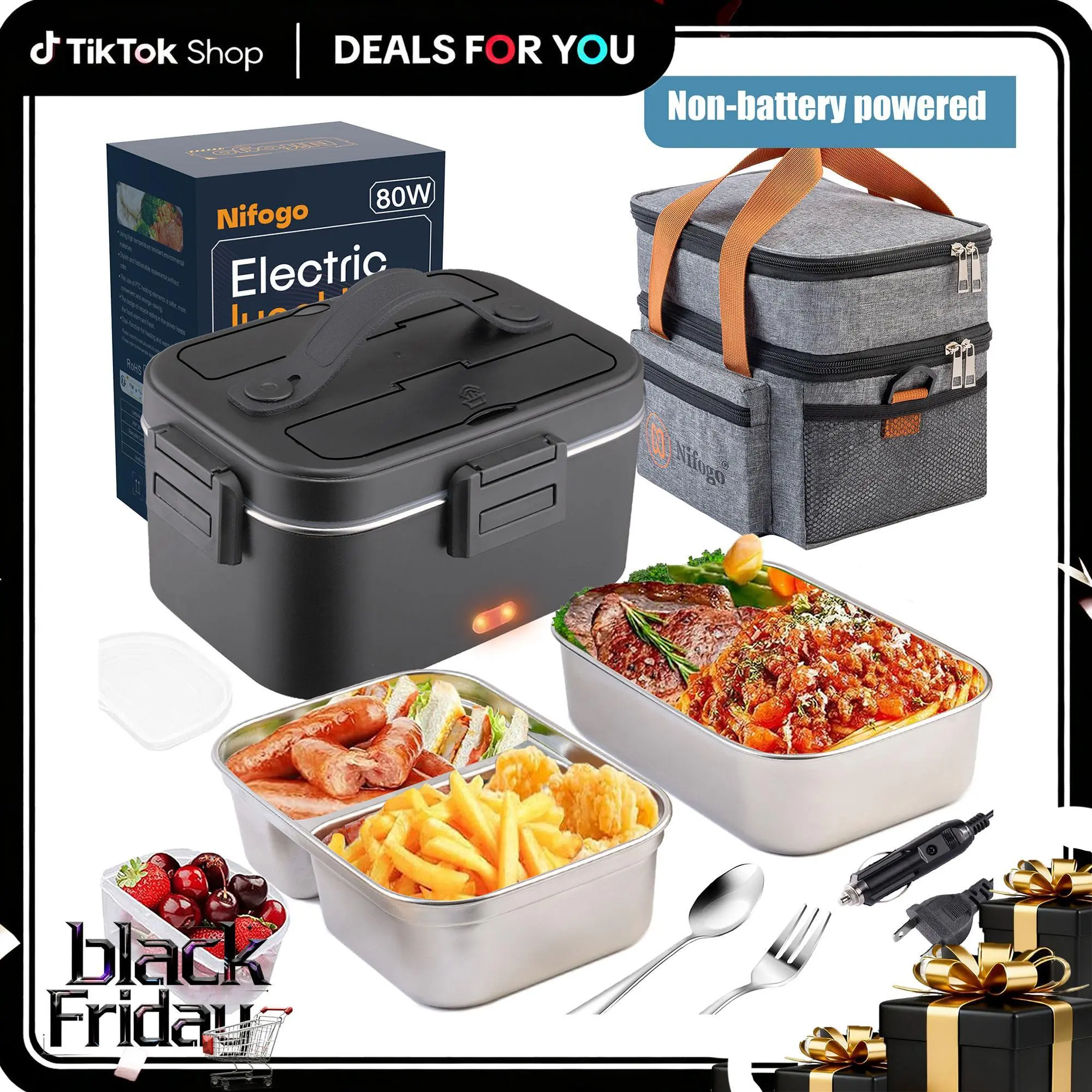 Nifogo Electric Lunch Box 100W 1.8L Food Heater Portable with Tableware Lunch Bag for Car Home Office Travel Non battery powered, On-The-Go Lunch Boxes