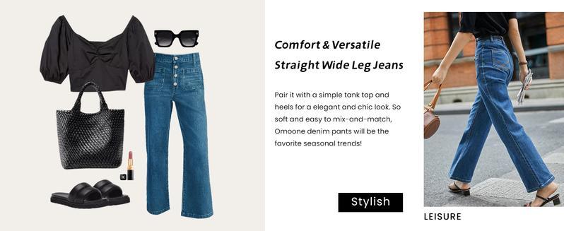 Mundoven Wide Leg Jeans for Women High Waisted Stretchy Straight Leg Cropped Denim Pants Buttoned Baggy with Patch Pockets