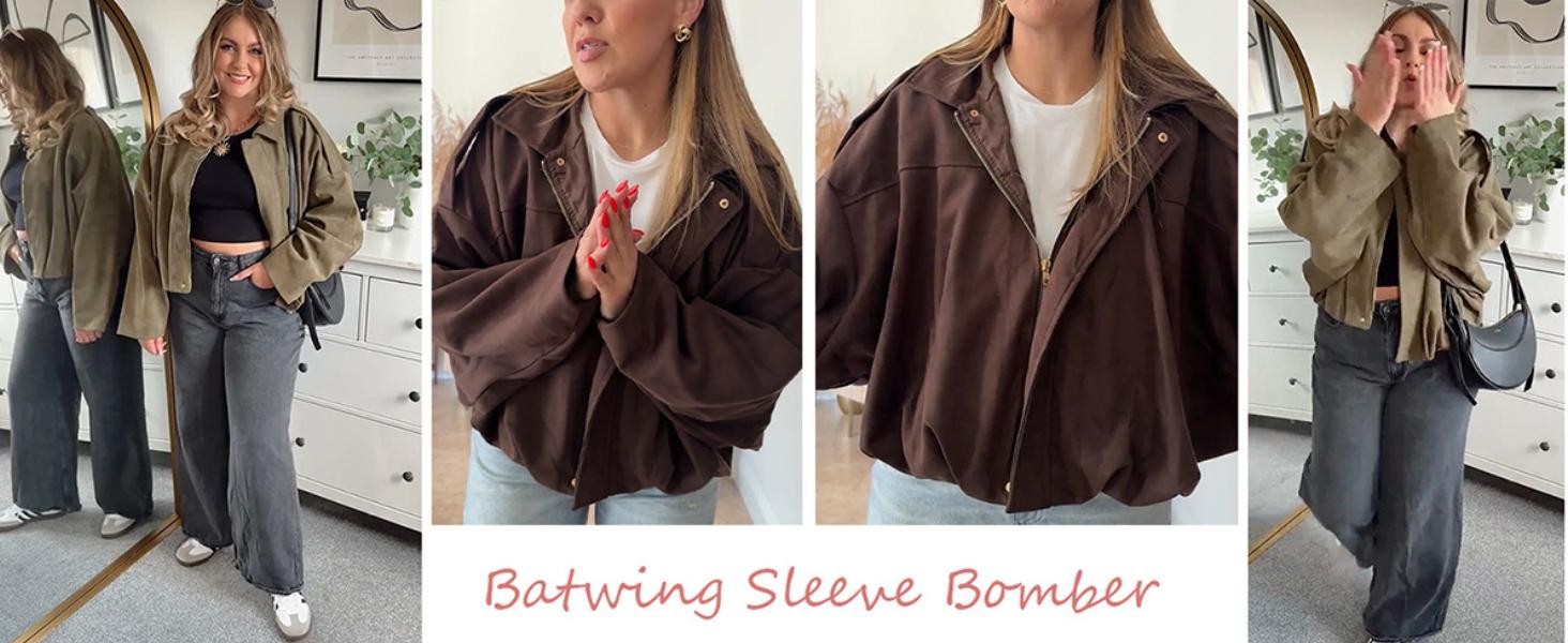 Yeokou Women's Faux Suede Bomber Jacket Oversized Pilot Coats Fall Lapel Zip Up Motorcycle Streetwear Outerwear