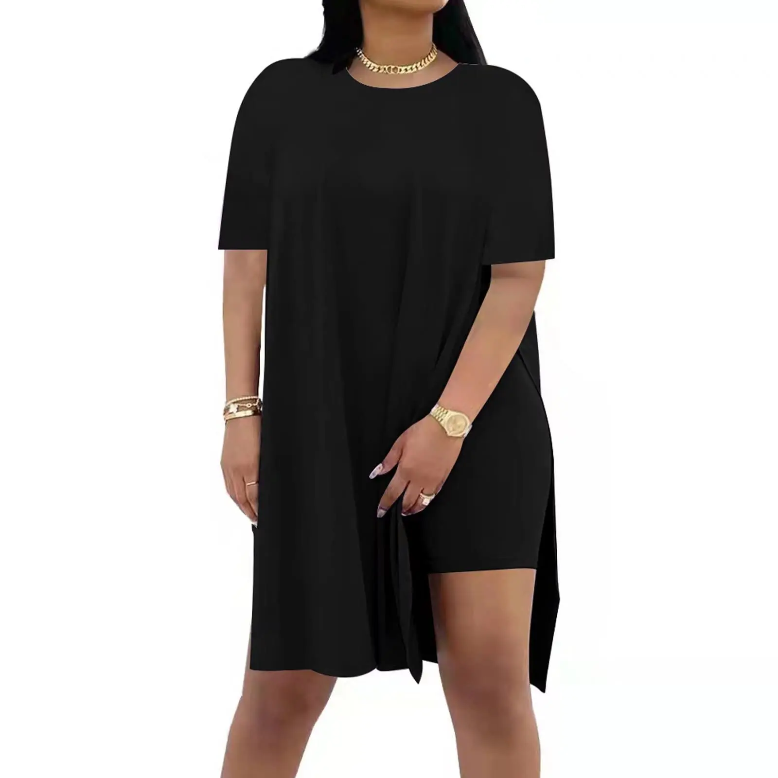 Plus-Size 2-Piece T-Shirt Dress Set for Women, Stretchy, Oversized, Tummy-Hiding, Comfortable Summer Loungewear, Black Casual Outfit