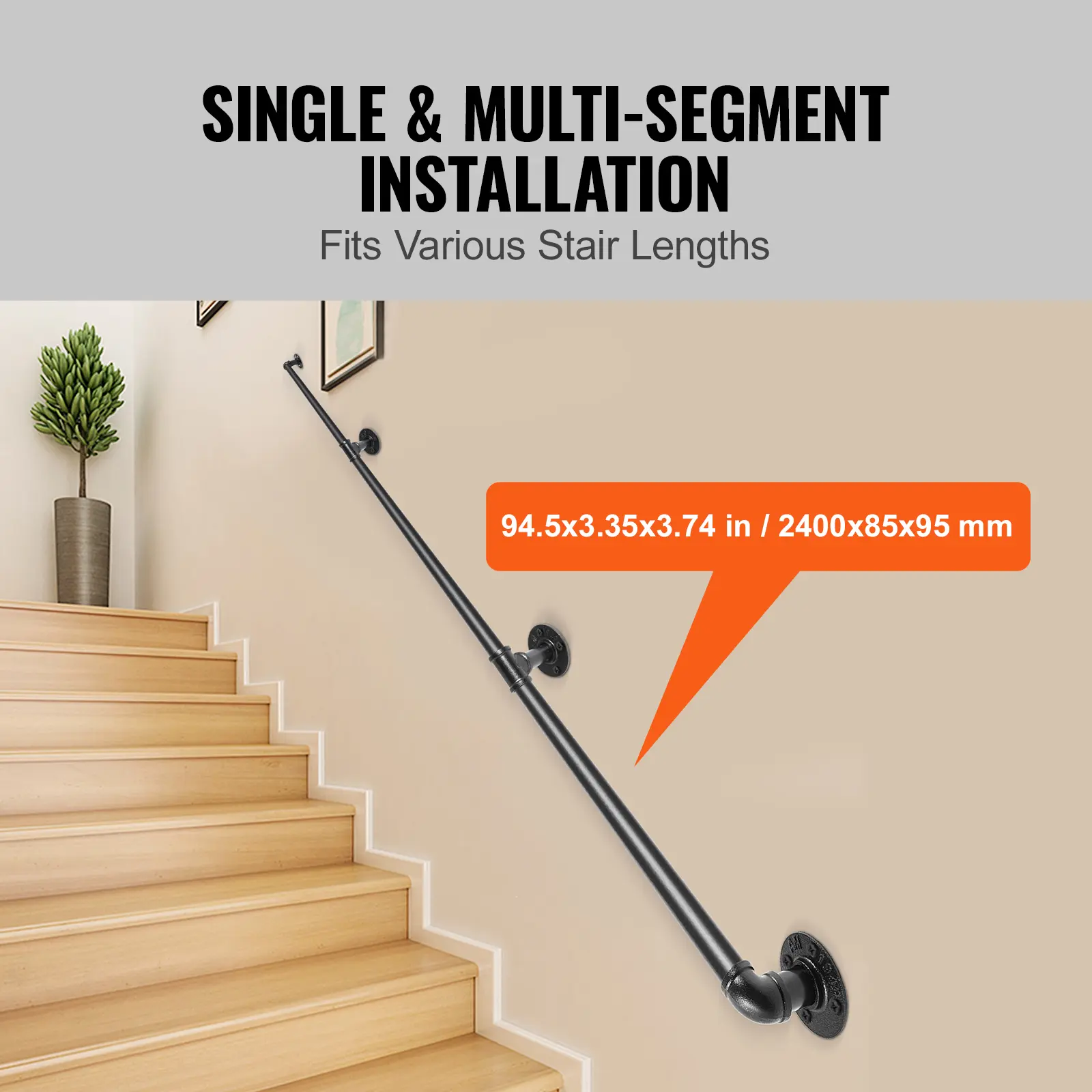 【summerfinds】VEVOR Pipe Stair Handrail, 8FT Staircase Handrail, 440LBS Load Capacity Carbon Steel Pipe Handrail, Industrial Pipe Handrail with Wall Mount Support, Round Corner Wall Handrailings for Indoor, Outdoor
