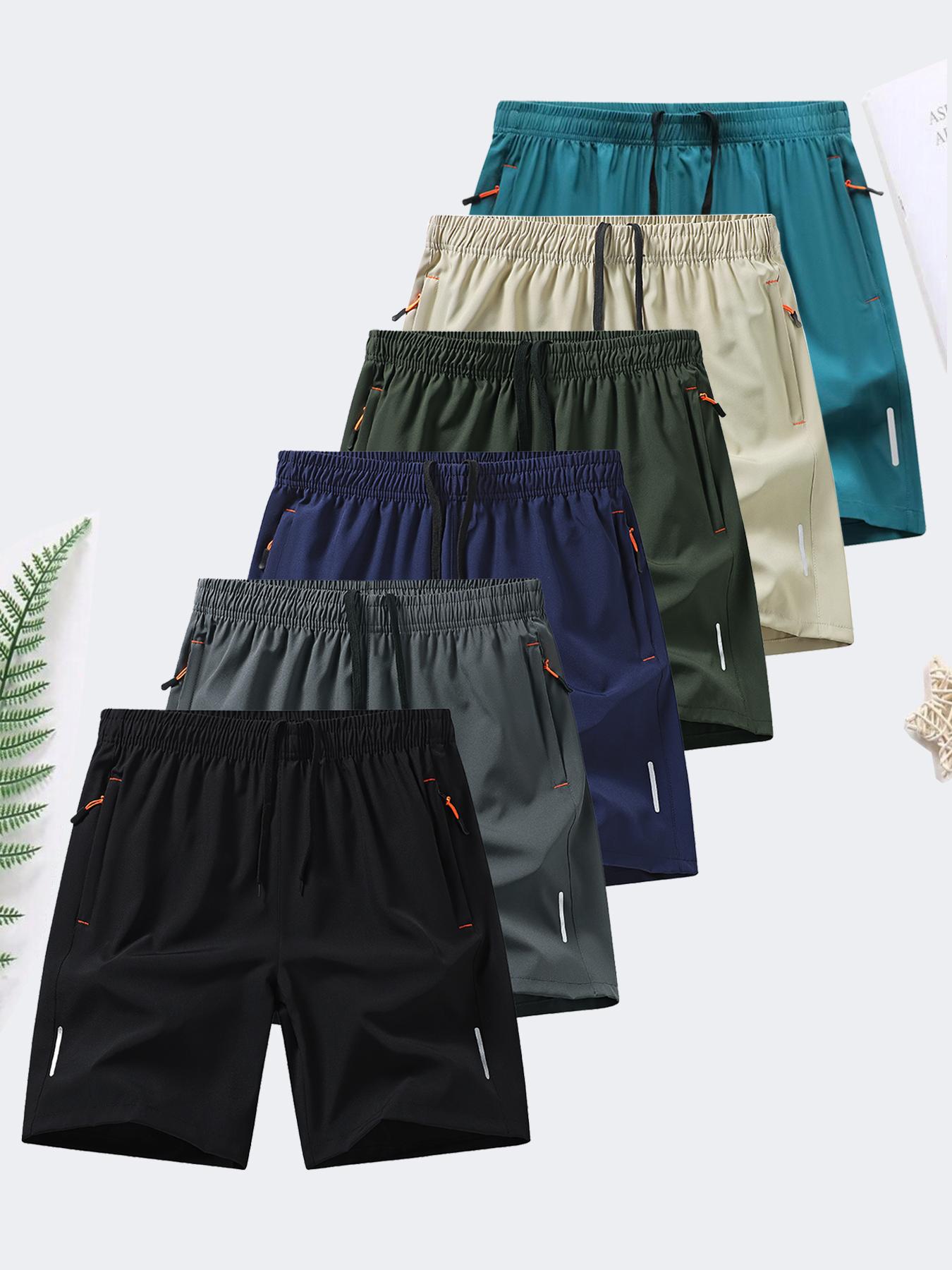 6-piece set, men's zipper pocket shorts, summer ice silk beach shorts, ice-sense quick-dry sports casual pants, basketball shorts thin, plus-size men's clothing reflective strip design, Menswear,Plain Trouser,suitable for running and fitness. Beige