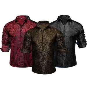 3 Pack Luxury Formal Casual Men Paisley Floral Anti-Wrinkle Dress Breathable Anti-Wrinkle Slim Long Cufflinks Cotton Cloth Men Shirt Business Top Wedding Party Menswear Gamis Brown + Blue + Black TropicalGift