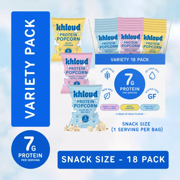 Variety Pack Snack Size Khloud Protein Popcorn by Khloe Kardashian | Olive Oil Sea Salt | Sweet Salty Kettle Corn | White Cheddar | 7g of Protein Per Serving | No Seed Oils | Gluten-Free | Available in 18pk