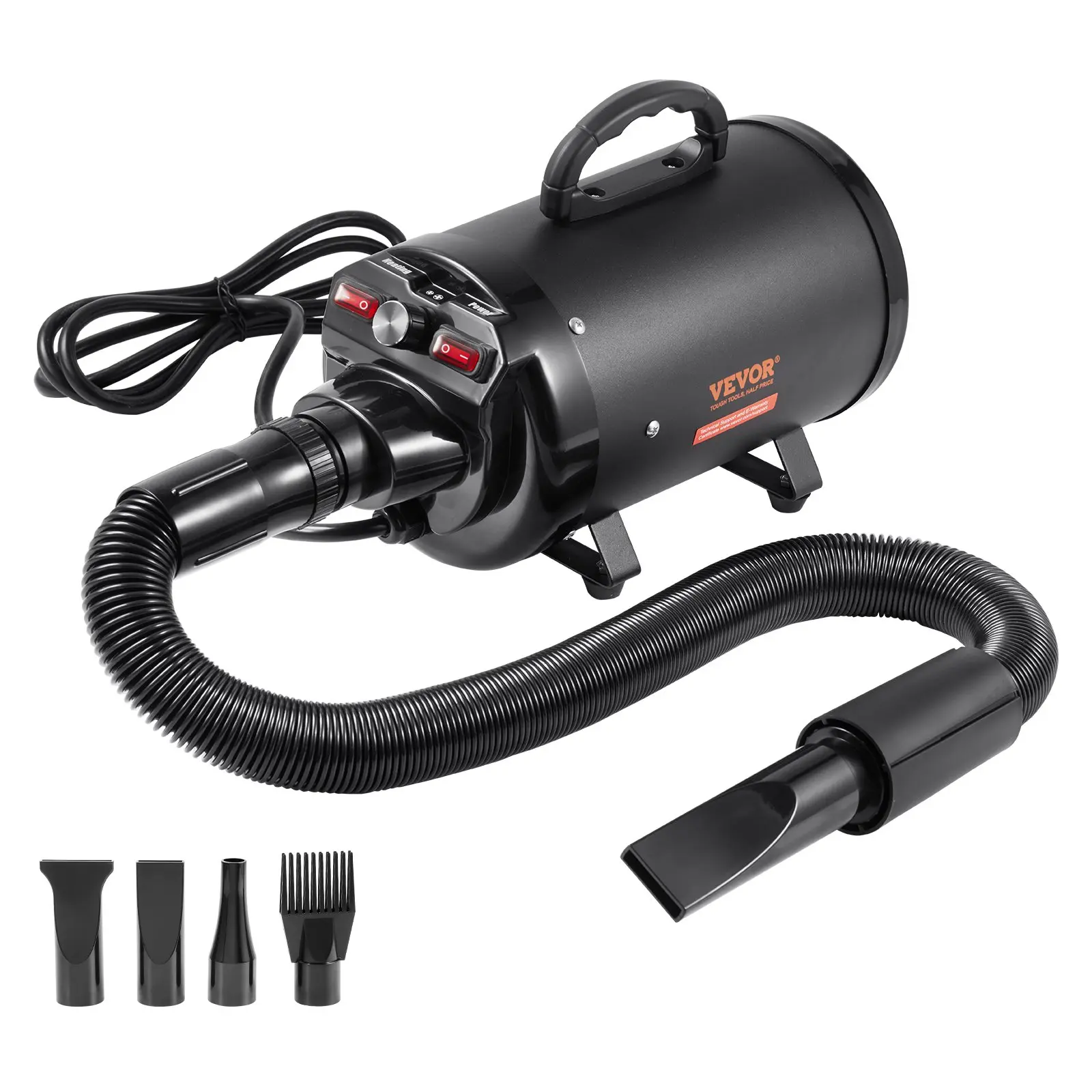 VEVOR Portable Dog Blow Dryer, 2000W/2.7HP Pet Grooming Dryer with Metal Housing, Safe Heating, Quick Drying, Adjustable Speed, Temperature Control, 4 Nozzles, Extendable Hose, Auto Shut-Off, Black (Father's Day Gift Option), Easy To Connect, Safe And Com
