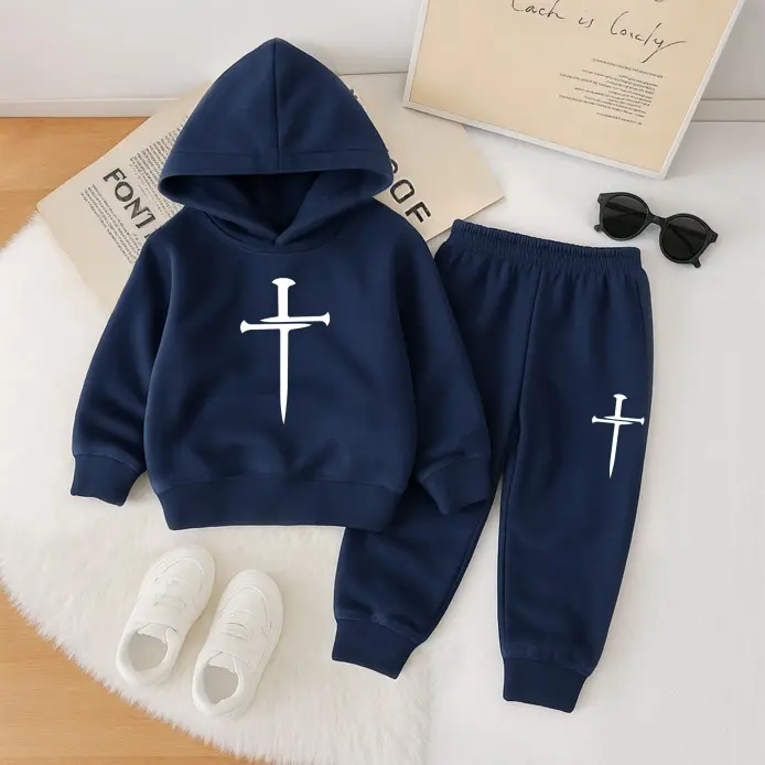 Kids' Unisex Christian 2-Piece Thick Fleece-Lined Fitted Hoodie Tracksuit Set - Cross Print Sweatshirt, Tapered Joggers, Cozy Hood Warmth, Sporty Outfit, Boys Clothing, Long Sleeve, Ages 3-14 (11-12y(150) Included), Fall-Winter Indoor/Outdoor Streetwear,