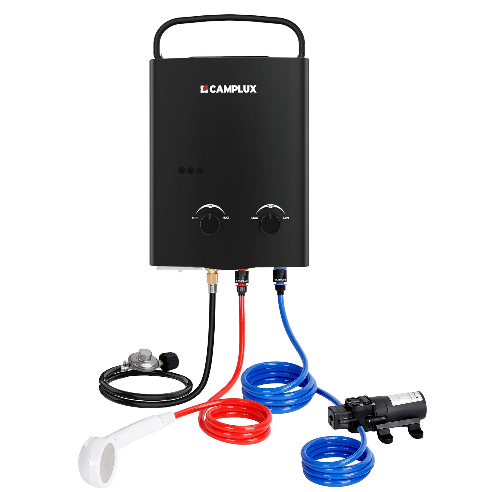 CAMPLUX AY132 1.32 GPM Capacity Portable Tankless Water Heater with 12V Power Auto-Priming Pump Kit, 43.31" Alligator Clip Lead, 65 PSI, 78.74" Outlet Hose, 267.71" DC Socket Lead with Switch, Bucket-Tank Ready, Plug-and-Play Install for RV, Off-Grid Use