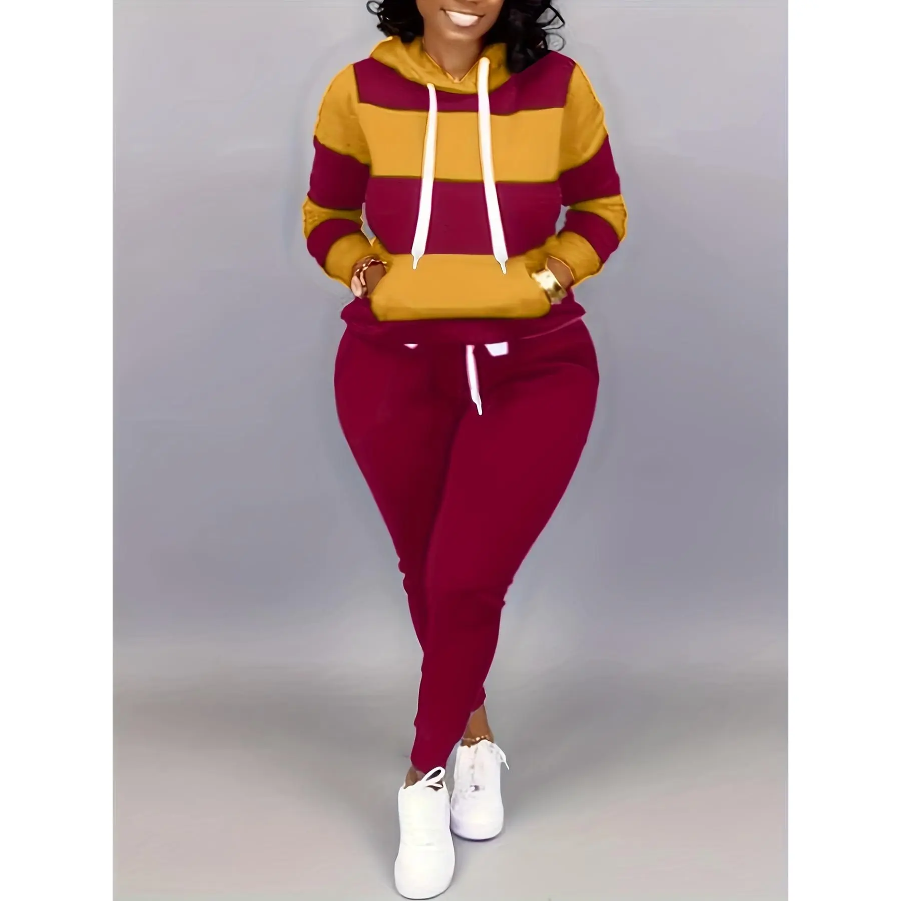 Women's Plus Size Casual Outfits Two Piece Set - Colorblock Stripe Print Long Sleeve Drawstring Hoodie Sweatshirt & Joggers - For Curvy Women - Suitable for Loungewear, Casual Wear & Homewear - Perfect Gift for Birthday & Holidays
