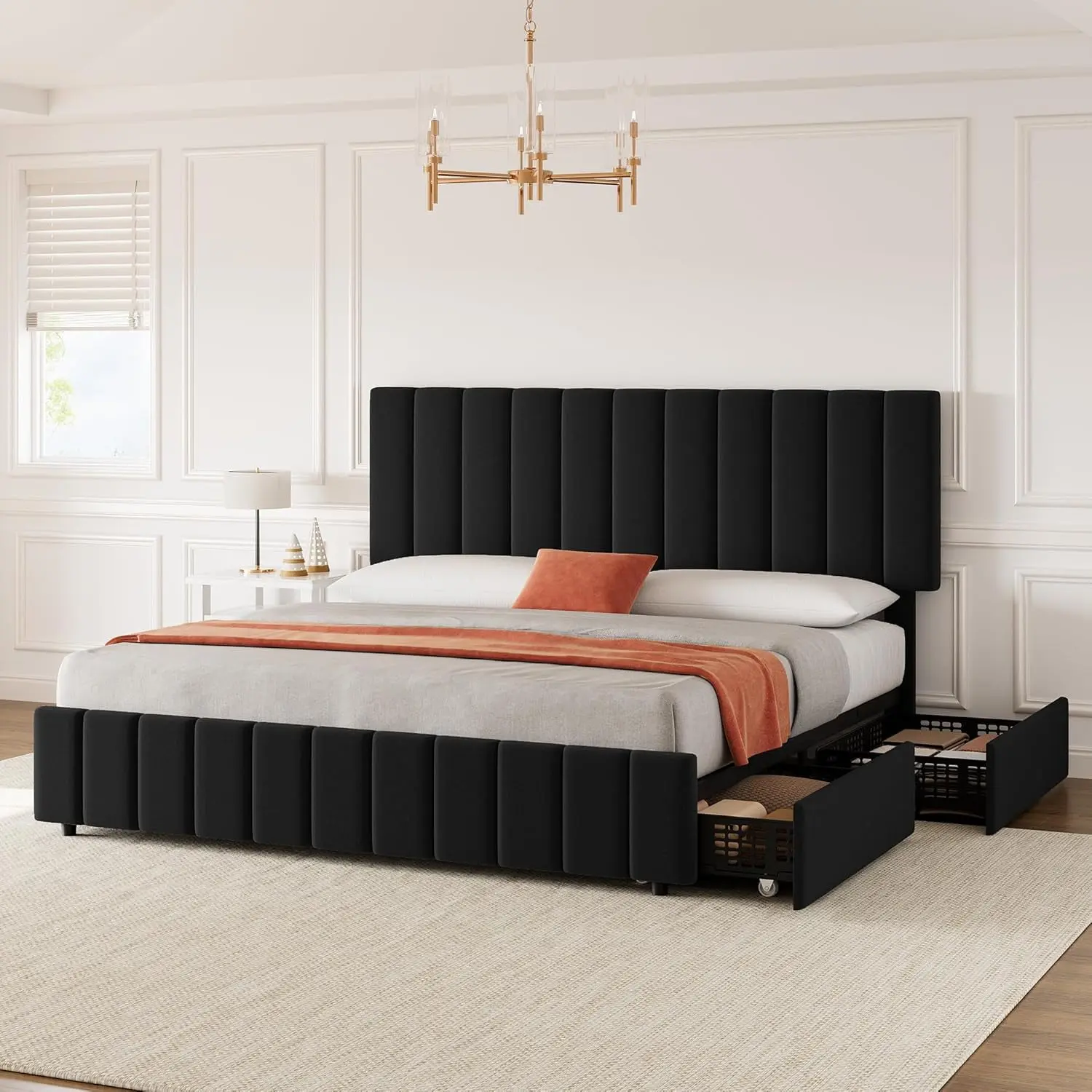 Gaomon Rectangular King Size Linen Upholstered Floating Platform Bed Frame, 4-Drawer Storage, Adjustable Headboard, Wooden Slat Support, No Box Spring Needed, Black
