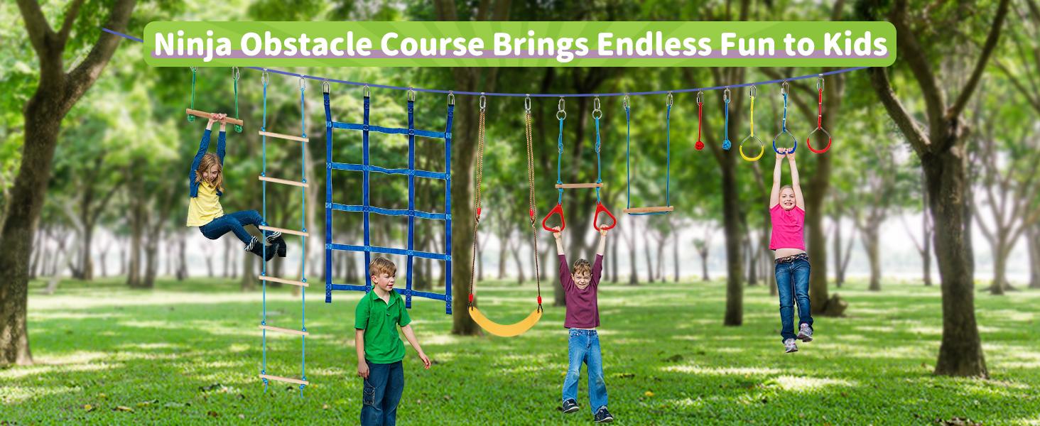 65 FT Warrior Course for Kids with 12 Accessories - 600lbs Weight Capacity, Slackline with Swing Seat, Disc Swing,Rope Ladder, Arm Trainer Playground Equipment Climbing Net Ninja Obstacles Gymnastic Ring Adjustable