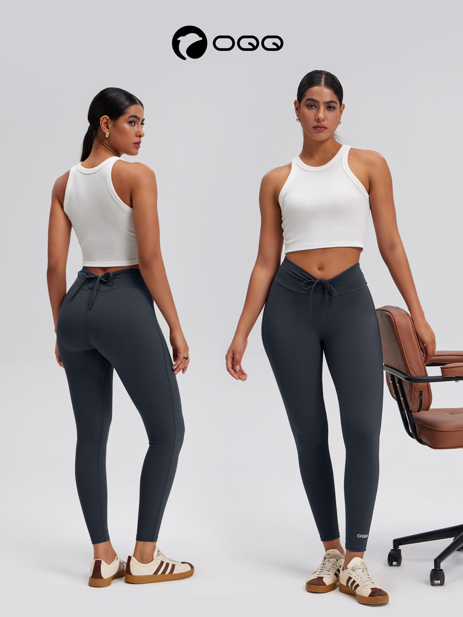 OQQ Women's High Wasit Scrunch Leggings No Front Seam Stretch Drawstring Workout Gym Yoga Pants Soft Comfortable Basic Minimalist Bottom