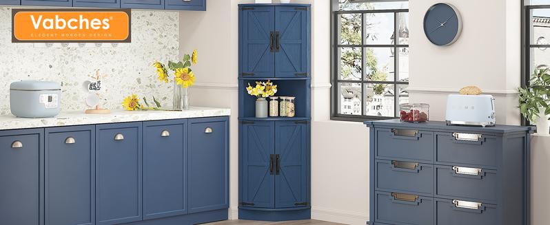 Vabches 64.8" Tall Farmhouse Corner Cabinet with 4 Doors and 5 Storage Shelves, Farmhouse Storage Cabinet with Barn Door Design, Home Space Saver for Living Room, Kitchen, Laundry Room