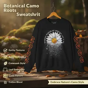 Botanical Camo Roots Sweatshirt | Nature Pattern Design Earthy Textures Gildan 18000 50/50 Cotton Polyester Blend Crewneck Embroidery Decoration Leaf