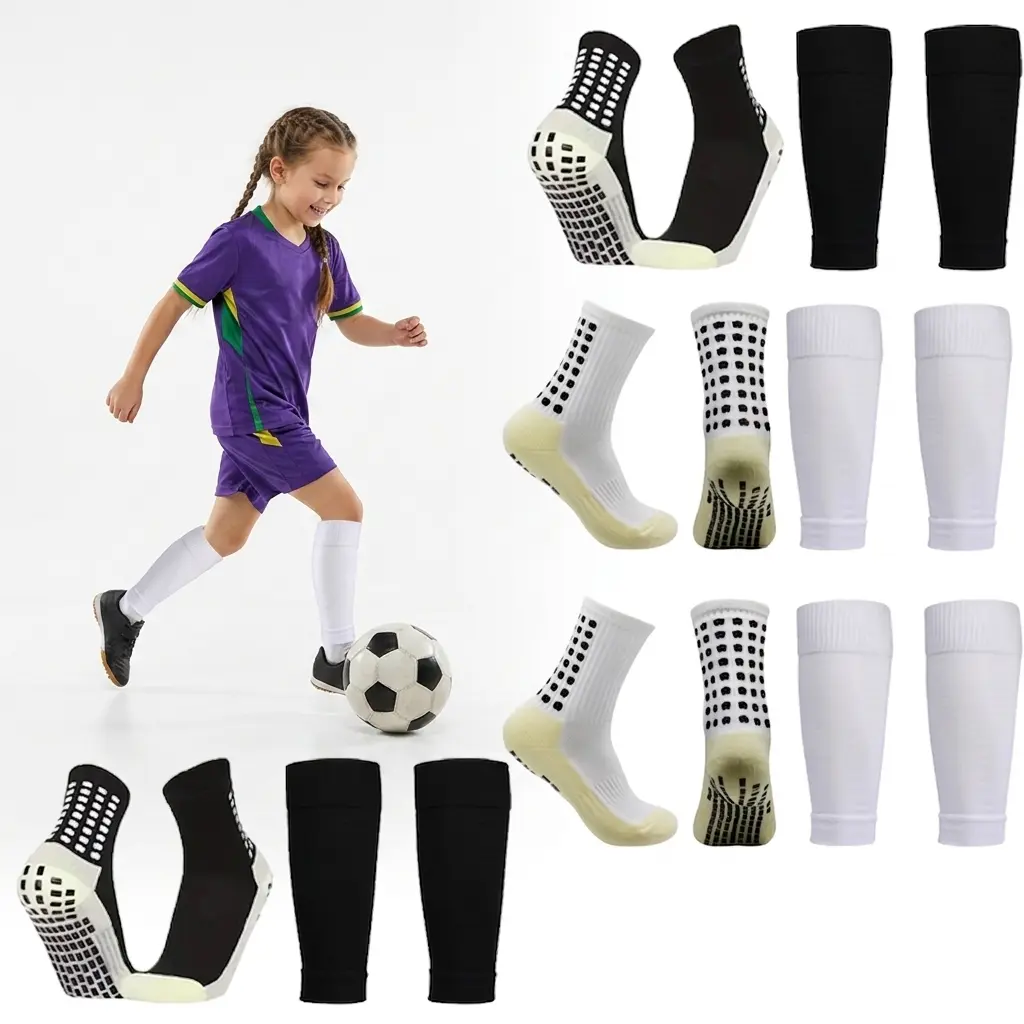 Cut-Style Football Grip Socks & Shin Guard Leg Sleeves Combo Non Slip Bottom Soccer Training Socks For Men Women