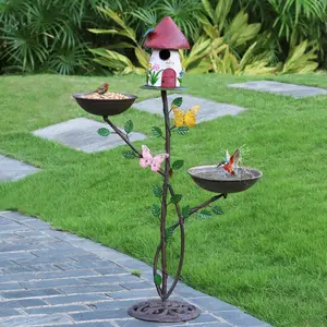 Multi-Functional Birdhouses for Outdoors, Metal Bird House with Bird Feeder and Bird Bath, 3-in-1 Suitable for Garden Decoration Yard, Cast Iron Base
