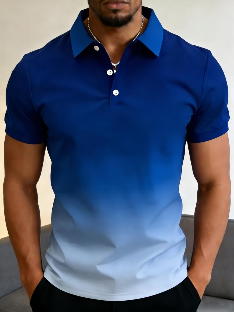 Men's fashion gradient polo shirt, short-sleeve with contrast collar, casual top, comfortable fabric, perfect choice for summer golf, beach, work, and everyday wear
