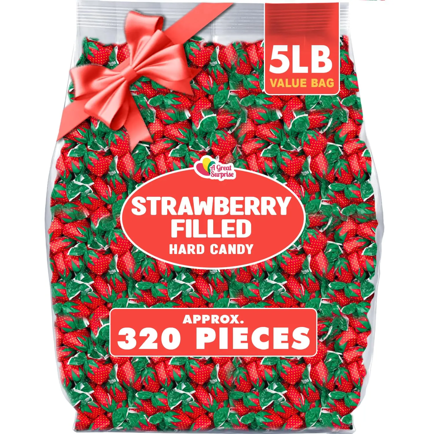 A Great Surprise Strawberry Hard Candy  5 lb Bulk  Strawberry Bon Bons Filled Hard Candies  Red Candy for Parties, Candy Bowls & Party Favors