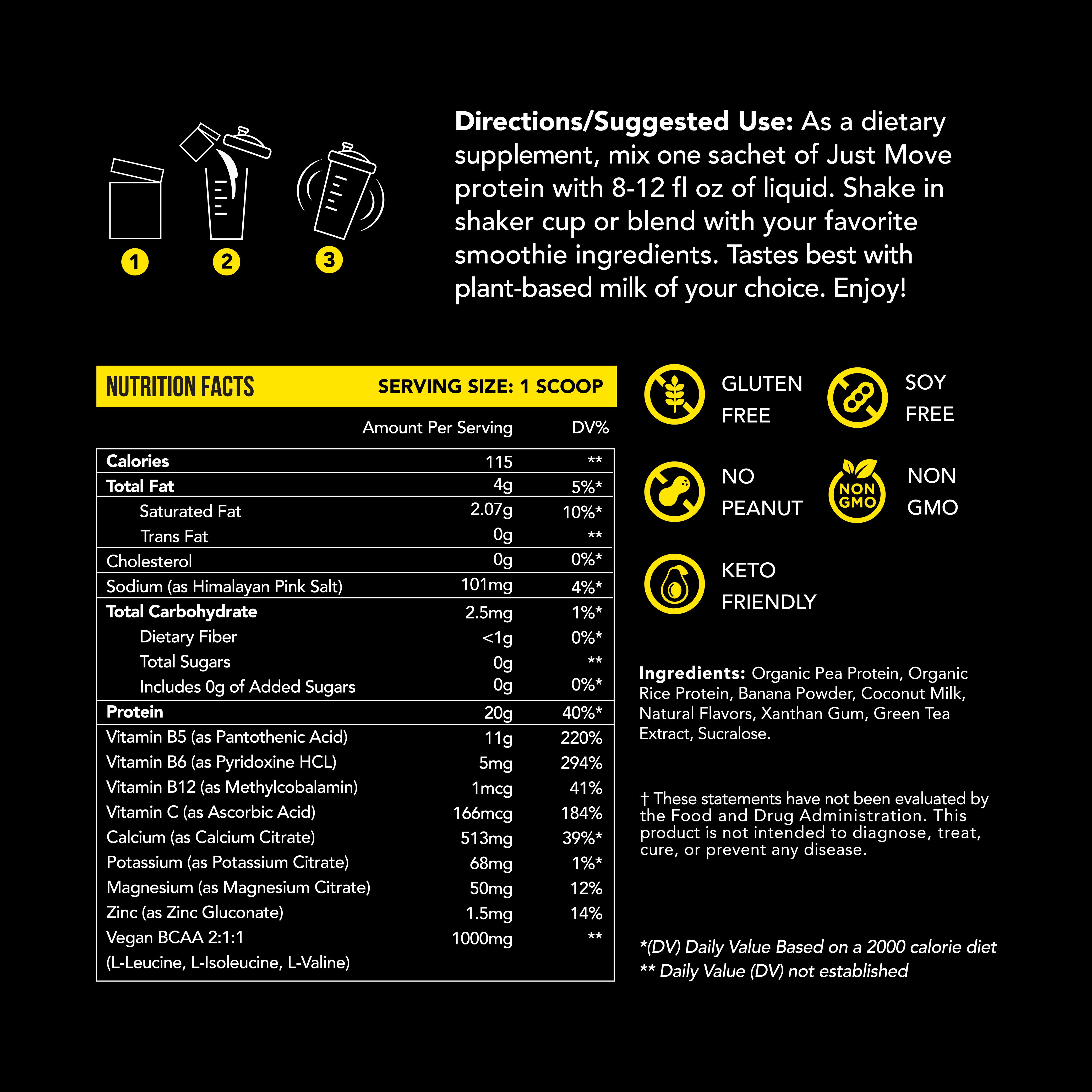 Just Move Protein Sample 7 Pack - Vegan (Plant Based) Organic, Dairy Free, Soy Free, Gluten Free, Keto, Peanut Free, 20g -22g Protein, Low Carb, Non GMO supplements fitness dietary supplement post-workout recovery Edible Flavor Healthy Multi Flavors