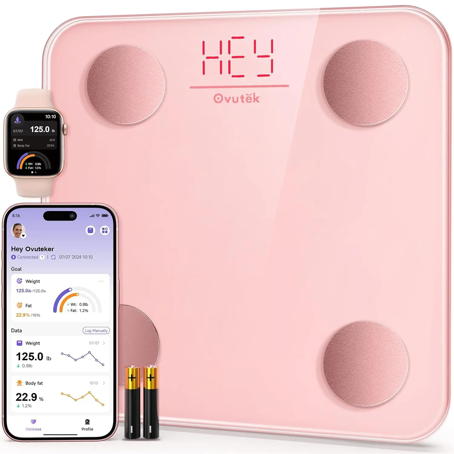 Ovutek Pink Smart Scale for Body Weight Digital Bathroom Scale BMI Weighing Body Fat Scale Accurate Body Composition Monitor with Smartphone App Compact Size 400lb Bluetooth Connectivity,back to school