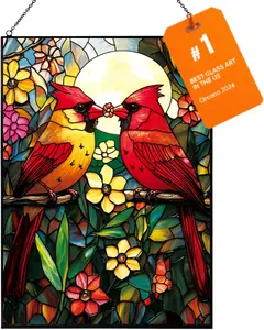 W10 x H15.1 Red Cardinal Stained Glass Suncatcher – Moonlit Stained Glass Window Hanging for Indoor Use, Handcrafted Sun Catchers Indoor Window, for Mom or Grandma