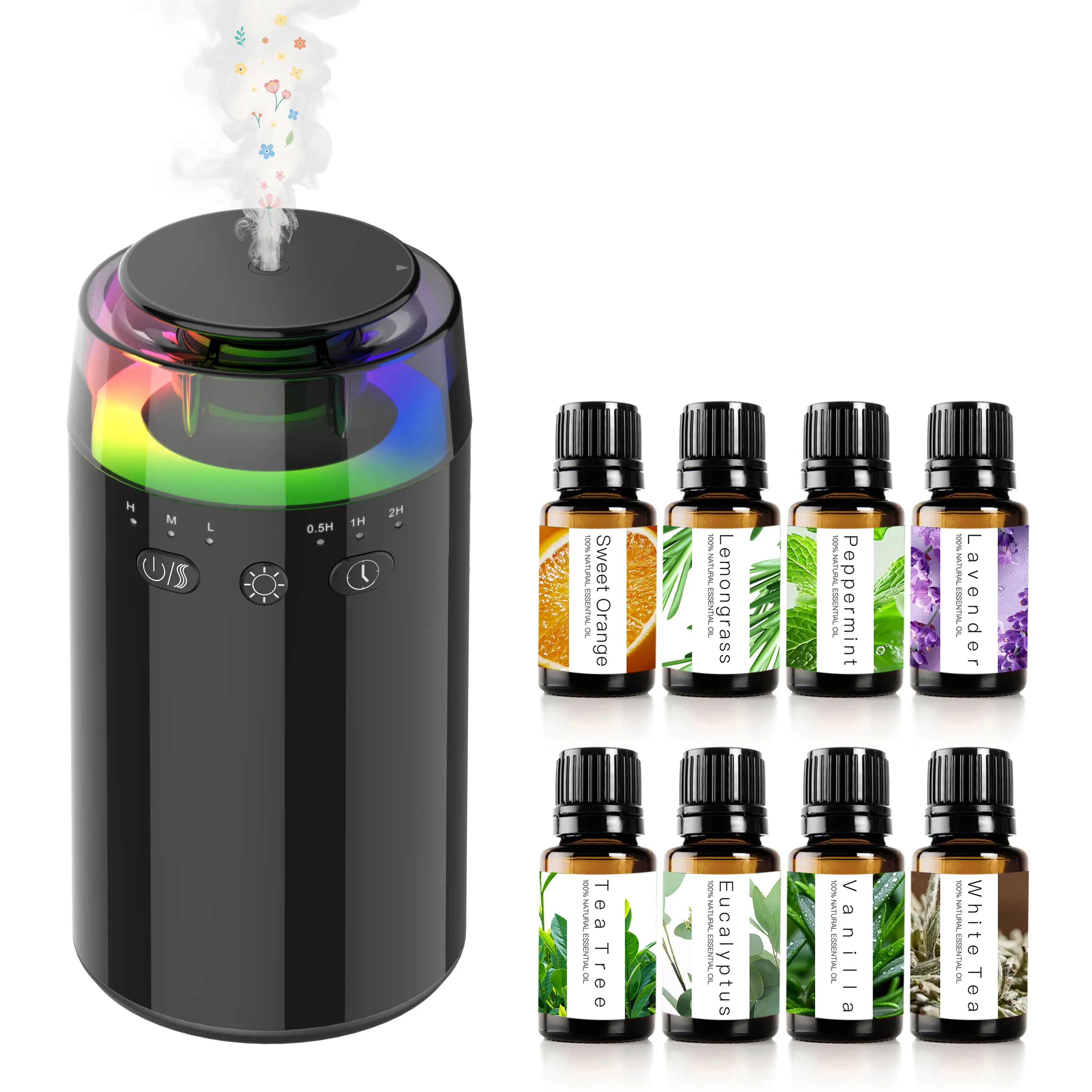 Aromatherapy Humidifier - Waterless Battery-Operated Mini Portable Diffuser with 8 Essential Oil Bottles, RGB Automatic Aurora Color-Changing LED Light, Cool Mist for Home, Travel, Diffusers,dorm essentials,home essentials