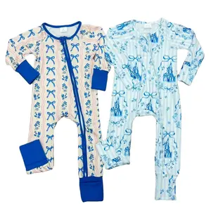 Baby Girls Cute Coquette Bows Print Long Sleeve Two Way Zip Convertible Rompers Babies Softness Sleeper