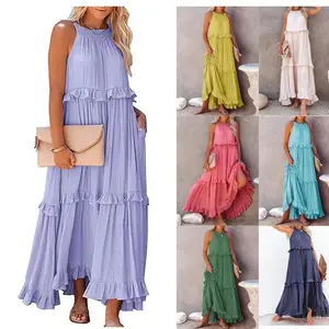 2025 Summer New Vacation Style Ruffle Long Dress Large Swing Flowing Beach Dress for Women Casual Lace Patchwork Tiered Dress Womenswear Sleeveless prom dress summer outfits streamer prom outfits Basic Minimalist White Gari Fabric