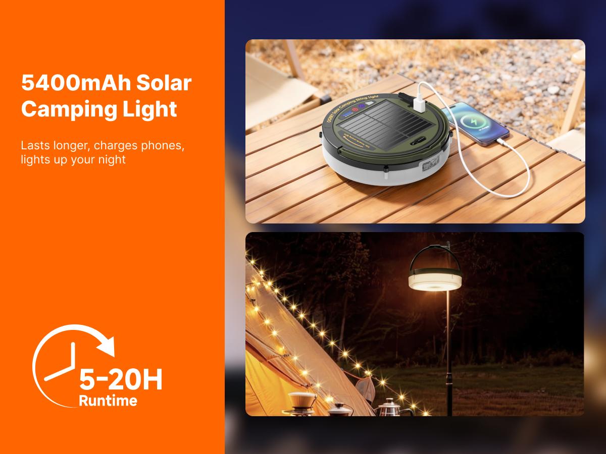 OGERY Solar Camping String Lights, 5400mAh 49.2Ft Retractable LED String Lights, Solar & Battery Powered, Waterproof Emergency Outdoor Lights