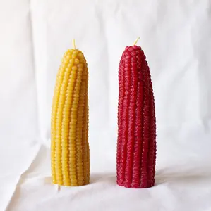 BEESWAX CORN CANDLE Hand-Poured 100% Pure Beeswax 6.5in Tall x 1.5in Wide 9oz Yellow & Red Handcrafted Cotton Wick Candle