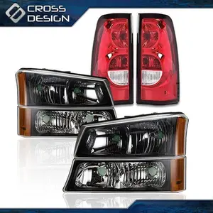 CROSSDESIGN Fit For 2003-2006 Chevy Silverado Black Housing Headlights & Red Tail Lights
