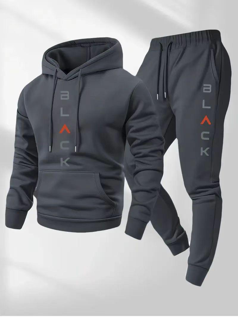 Men's Complete Outfit - Stylish Hooded Sweatshirt & Joggers Set with BLACK Print Gray Casual Streetwear Long Pants Matching Hoodie Perfect for Fall Winter Cozy Clothing Sporty Look Non Stretch Fabric