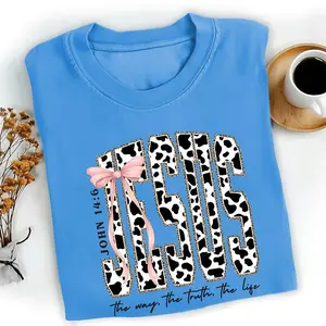 Coquette Jesus The Way T-Shirt, Jesus John 14:6 Christian Cow Shirt, Faith Graphic Tee, Inspirational Bible Verse Outfit, Gift for Boys Girls, Trending Holiday Shirt, Youth Clothing
