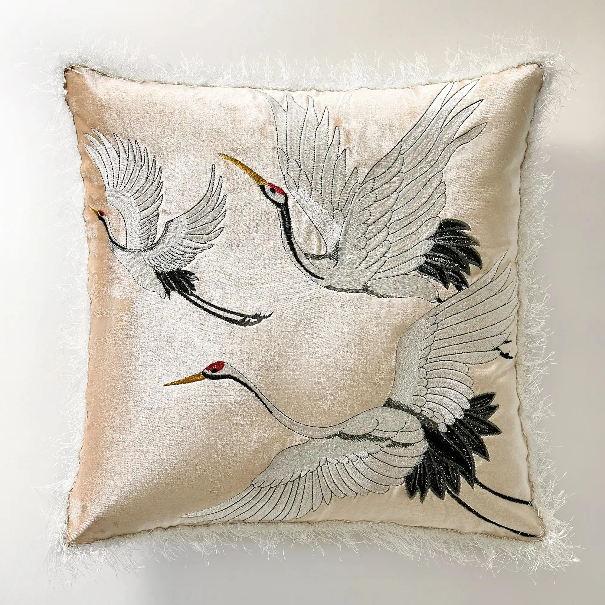 Z Gallerie Crane Embroidered Decorative Standard Pillow, 20in Art-Inspired Soft Furnishing Cushion - Butter Cream, Muted Olive, Decorative Standard Pillows, Art-Inspired Standard Pillows