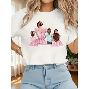 Plus Size Mother Daughter Parent Illustration Graphic Print Casual Short Sleeve Crew Neck Top for Summer and Spring