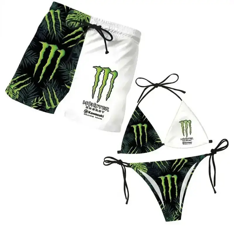 Monster Energy Collection Couples Matching Swimwear Set - Women's Triangle Tie-Side Bikini, Men's Beach Shorts, Summer Vacation Hawaiian Sports & Outdoor Outfit