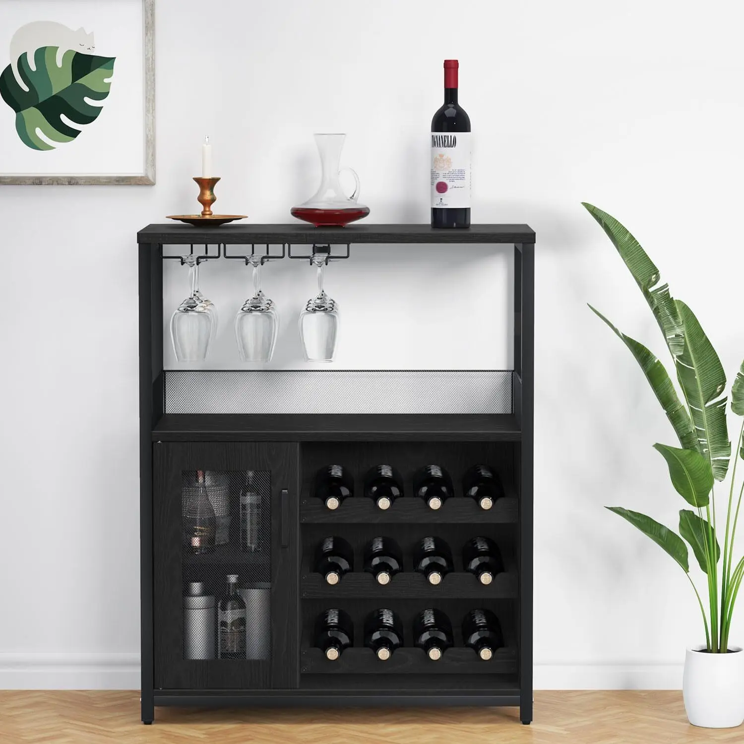 【Christmas Gift】Black Industrial Freestanding Cupboard Home Storage Cabinet (27.2" W x 13.8" D x 36.2" H) with Removable Wine Holder, Extra Space Sideboard, Buffet Glass Tray, Mesh Door Design for Dining Room Kitchen, Metal