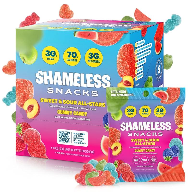 Shameless Snacks Sweet & Sour All-Stars, Sour Gummy Candy Variety Pack, Healthy, Vegan, Gluten-Free, Low Sugar, Fruit Snacks, Red Raspberry, Watermelon, Peach, Green Apple, Blue Raspberry, 6 Pack