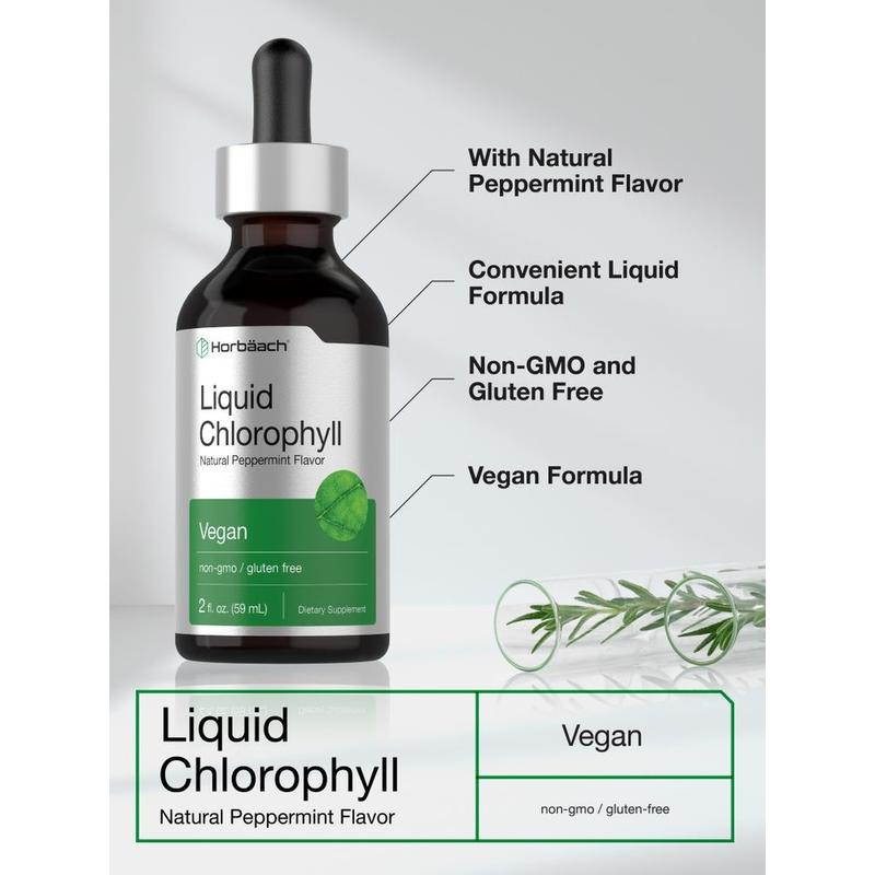 Horbäach Liquid Chlorophyll Drops | 2 oz | Vegan, Non-GMO, and Gluten Free Formula | Natural Peppermint Flavor