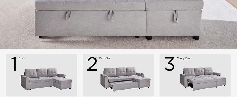 [Ships in 2 Boxes] AMERLIFE Sleeper Sofa, Modern Tufted Convertible Sofa Bed, USB Charging Ports & Cup Holders, Couch with Storage Chaise/Christmas Gift/Best Gift Ideas