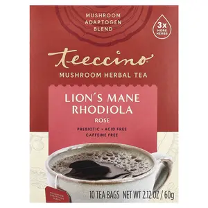 Teeccino Mushroom Herbal Tea, Lion's Mane Rhodiola, Rose, Caffeine Free, 10 Tea Bags, 2.12 oz (60 g)