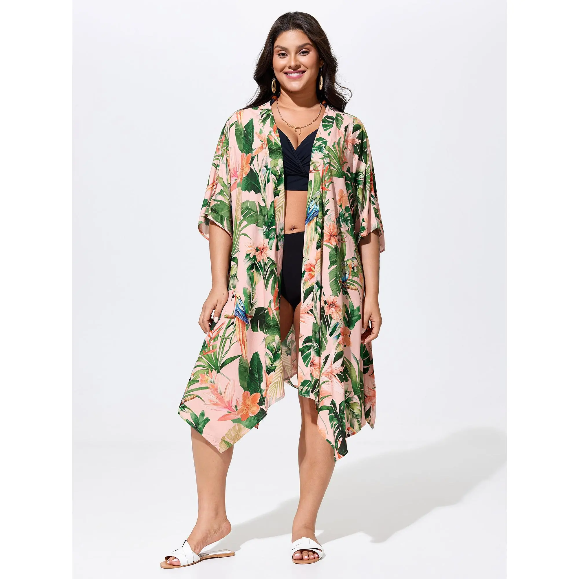 BloomChic Women's Plus Size Tropical Rayon Kimono Garment - Open Front Beach Cover Up Clothes with Waist Tie, 18-20/2X Size, Machine Washable, Cold Wash, No Tumble Dry, Low Heat Iron, Multicolor