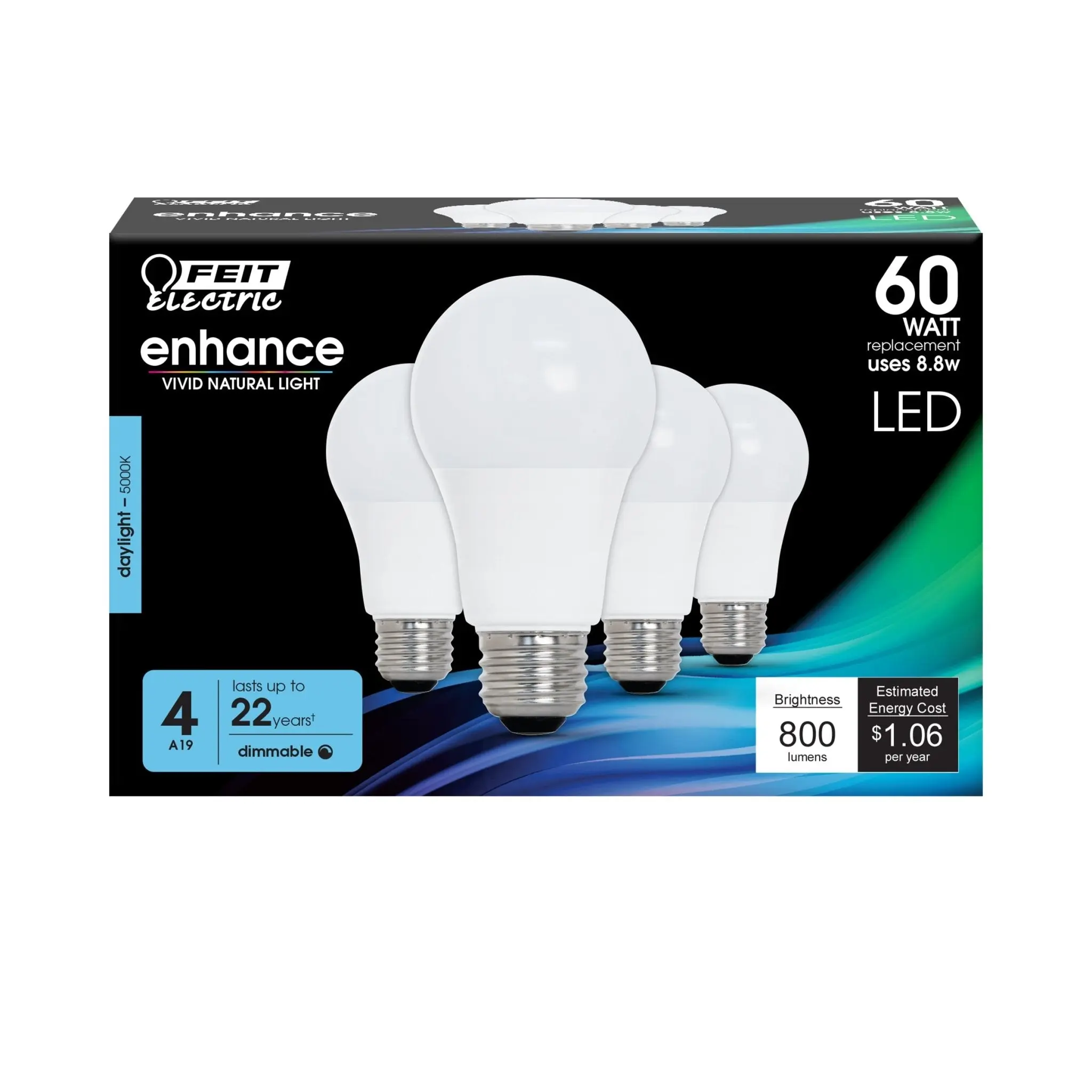 Feit Electric 60 Watt Replacement Daylight (5000K) A19 E26 Base Dimmable LED Light Bulb 4 Pack