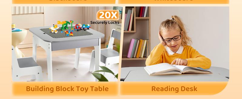 JOYMOR Toddler Table And Chair Set with Storage, 4-In-1 Tabletops Kids Table and Chairs for Crafts (Building-Blocks Board, Blackboard, Whiteboard), Wooden Activity Table for Toddlers Playing