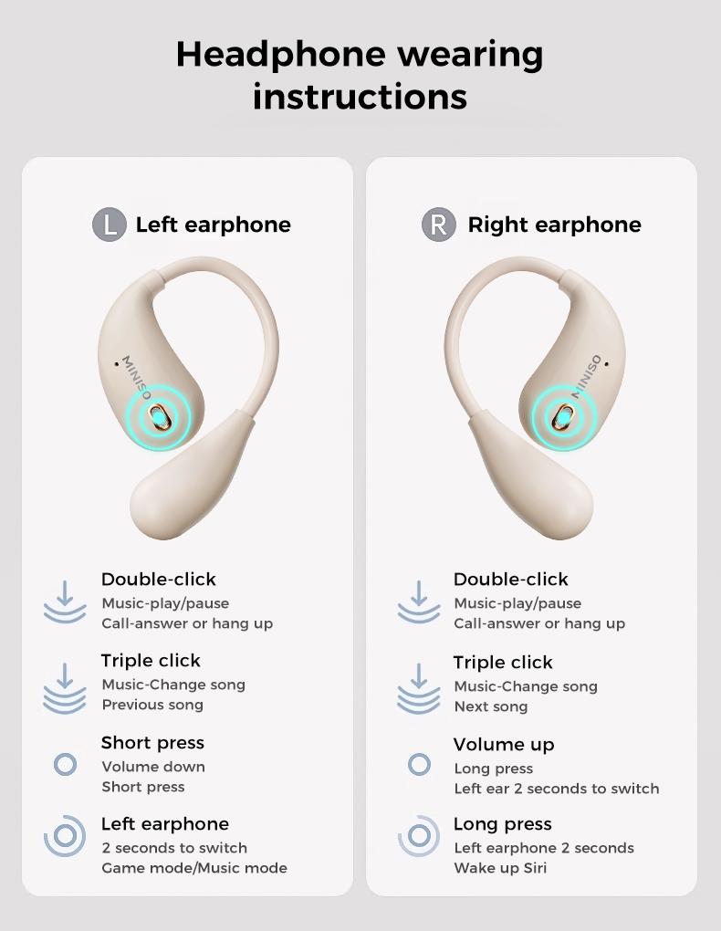 MINISO X33 Open-ear Design Wireless Earphone, HiFi Sound Quality Music Wireless Earbuds, Gaming Earbuds with Low Latency, Comfortable Wearing Earbuds with Built in Mic, Audio