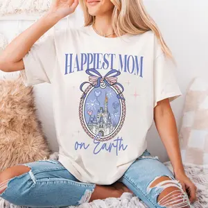 Castle Coquette Bow T-shirt, Happiest Mom On Earth Shirt, Mama Tee, Mother's Day Gift For Mom, Family Trip Outfit
