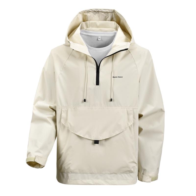 Spring and Autumn Half Zipper Hooded Pullover Sports Jacket Top Men's, New Autumn Jacket, Men's Windproof and Waterproof Outdoor Sports Mountaineering Fishing Suit, Pullover Men's Jacket, Multi-Pocket Sports Style Outdoor Loose Breathable Long Sleeve Top
